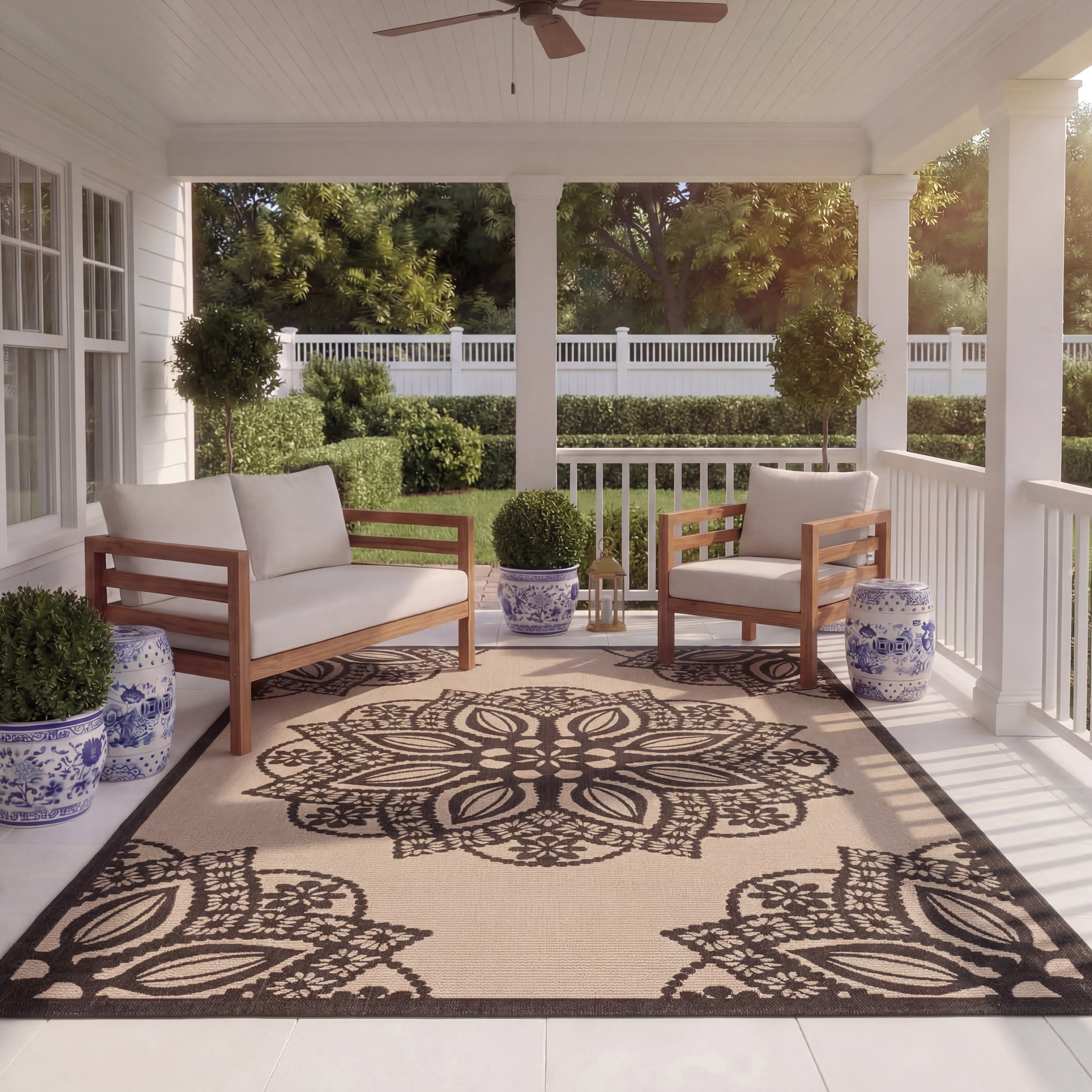 Safavieh Courtyard Millicent Medallion Indoor/Outdoor Area Rug, Beige/Black, 6'7" x 6'7" Square