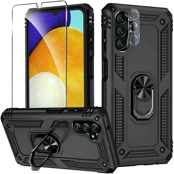 3-IN-1 Bundle Military Grade Hybrid Case with Ring Grip   Tempered Glass Screen and Camera Lens Protector for Samsung Galaxy A14 5G - Black