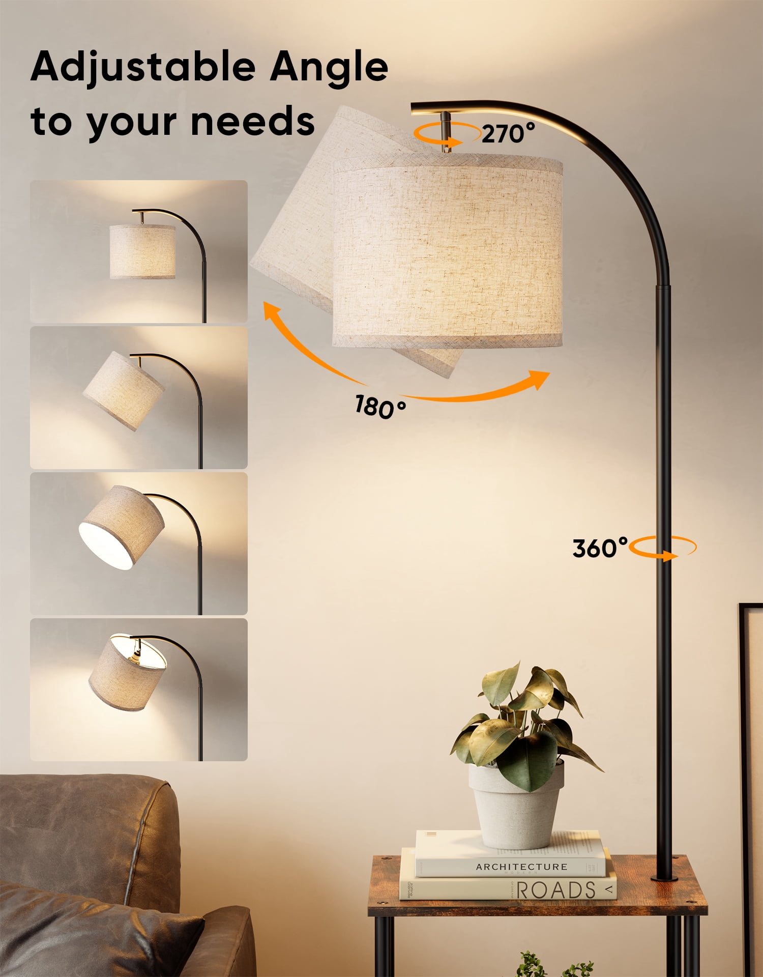 Floor Lamp with Table, Night Stand with Lamp with 3CCT LED Bulb, End Table with Storage Shelves for Home Décor, Rustic Brown