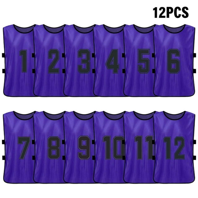 Tignapoo 12-Pack Adult Reversible Training Vests with Numbers 1-12 - Purple, Comfortable and Breathable Polyester for Football, Basketball, and Sports Activities