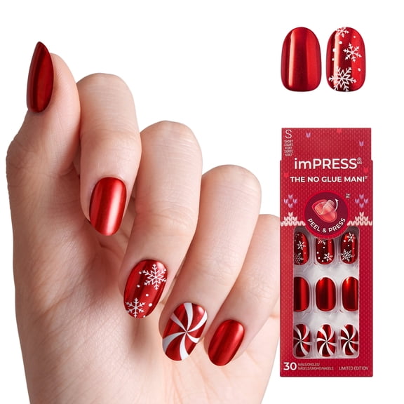 KISS imPRESS Holiday Press On Nails, ‘Merry n Bright’, Red, Short Oval, 30 Count