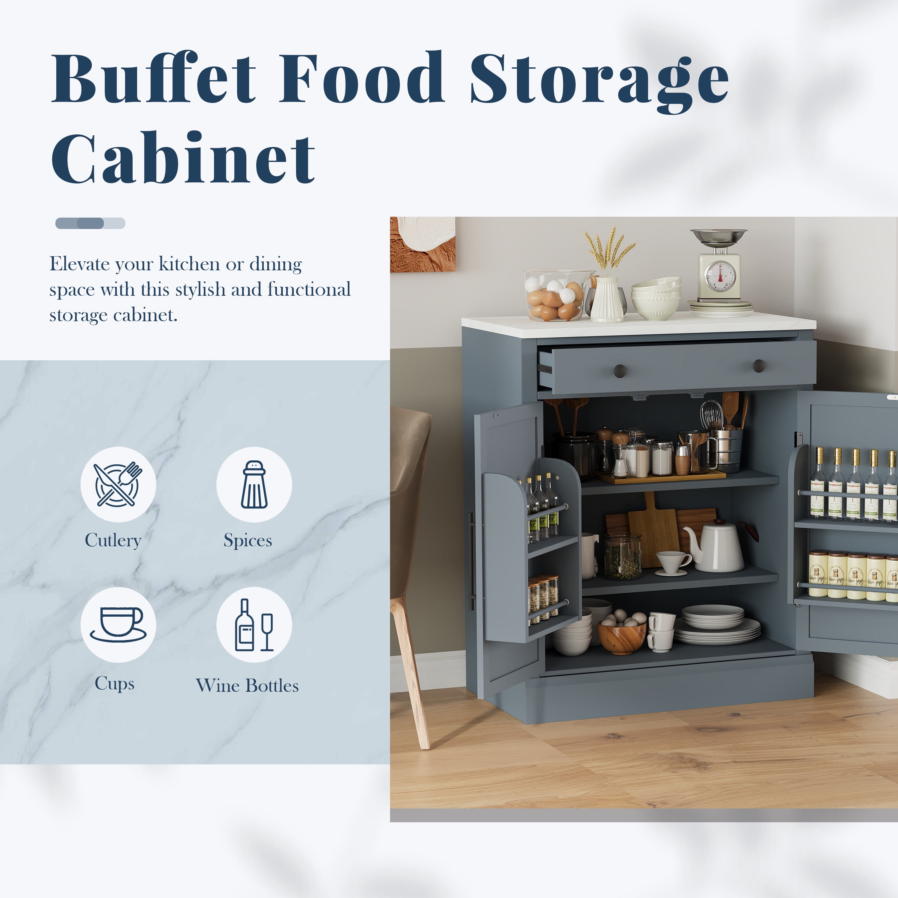 Leumius Modern Freestanding Kitchen Pantry Cabinet with Drawer, 2 Adjustable Shelves, 2 Door Shelves, Faux Marble Top, Coffee Bar Storage, Gray