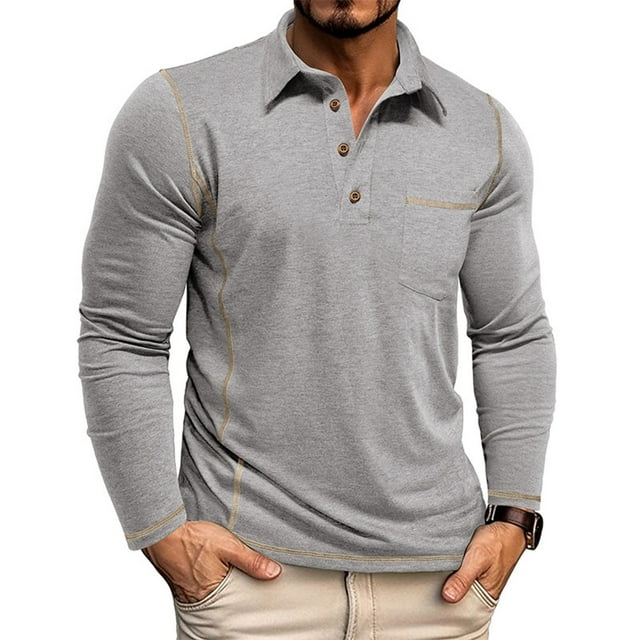 Golf Shirts for Men with Pocket Long Sleeve T-Shirts Mens Casual Solid Color Pullover Button Collared Breathable Athletic Workout Tees Tops