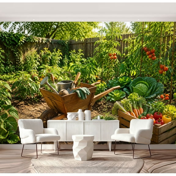 Wall Mural Peel and Stick Rustic Vegetable Garden Wooden Wheelbarrow Fresh Tomatoes Self-Adhesive Wallpaper Removable Wall Decal Wall Sticker Home Decor for Living Room Bedroom 69"x96"