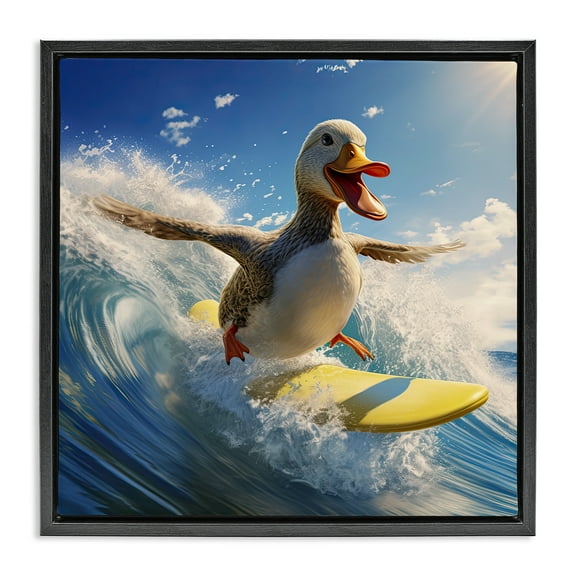 Stupell Industries Happy Surfing Duck Coastal Painting Black Floater Framed Canvas Art Print Wall Art, 18 x 18