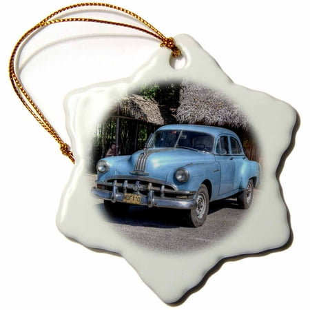 Cuba Christmas Decorations 3dRose OLD BLUE CAR IN CUBA, Snowflake Ornament, Porcelain, 3-inch ()