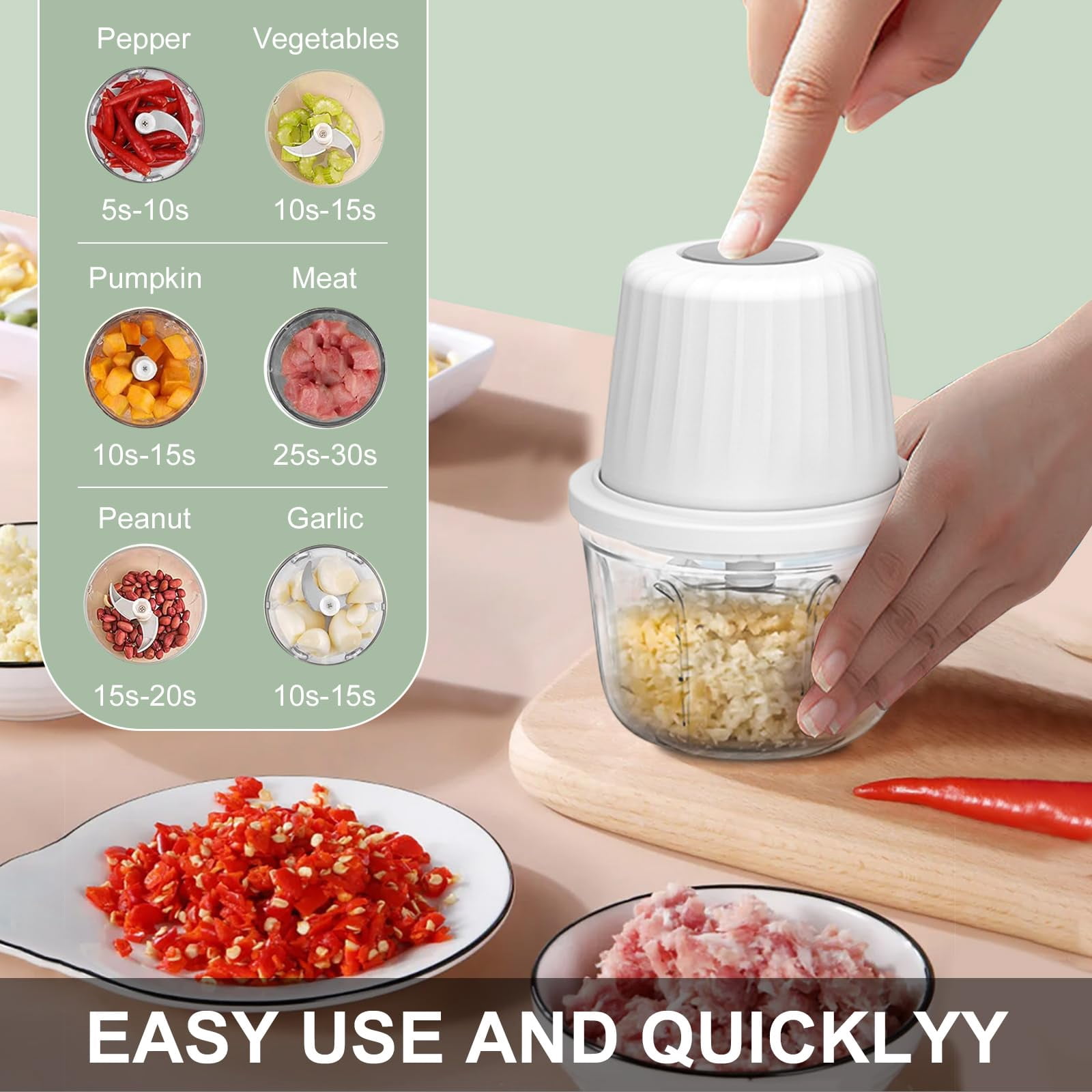 Electric Garlic Chopper 250ML, Mini Vegetable Chopper 2 in 1 Food Chopper Garlic Mincer with Egg Beater, Onion Chopper, USB Portable Small Food Processor for Veggie, Garlic, Ginger, Chili