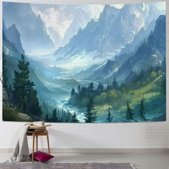 PRATYUS Forest Tapestry for Bedroom Aesthetic Nature Foggy Mountain Tree Wall Tapestry Landscape Backdrop Green Woodland Scenery Wall Hanging for Living Room Ceiling Decor Painting