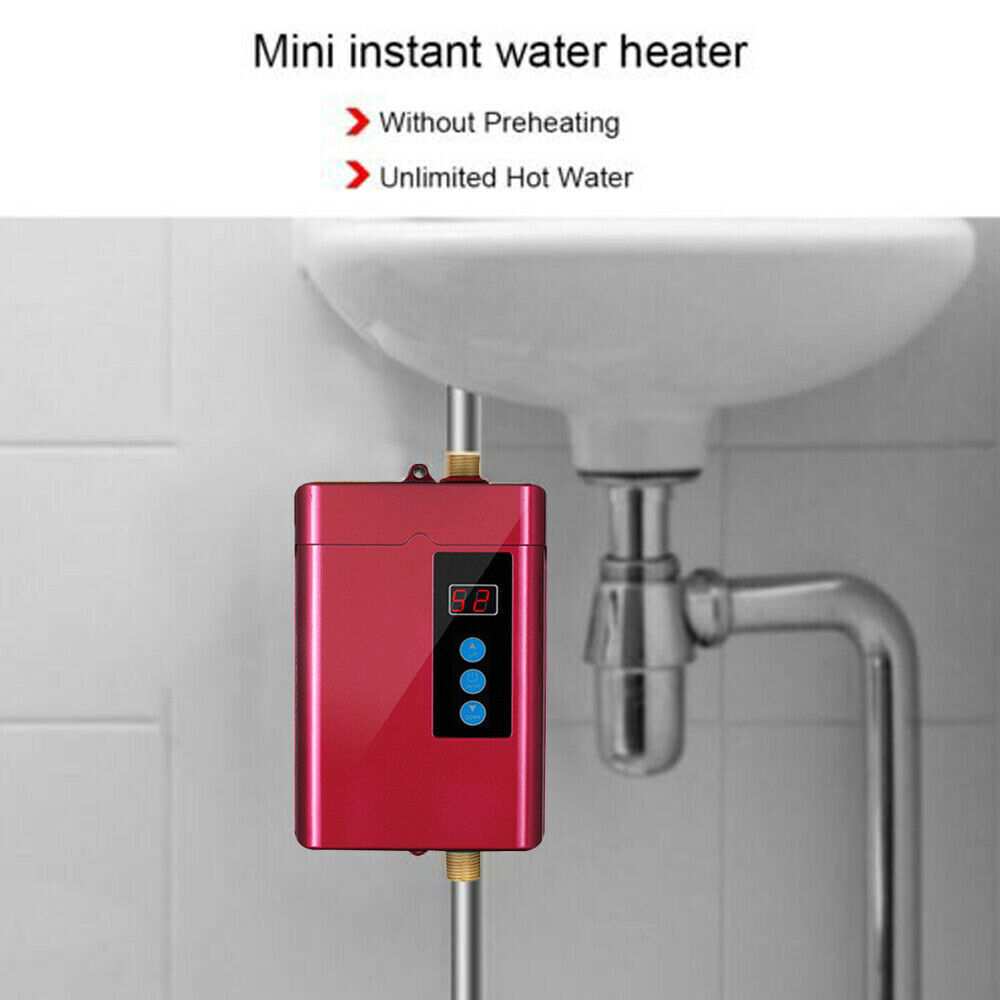 Modern Tankless Water Heater Electric Whole House Instant Hot On Demand 3000W 110V Red for Homes, Kitchens