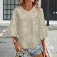 thumbnail image 3 of Beige Floral Seamless Pattern Women's V-Neck Blouse With 3/4 Ruffled Bell Sleeves Casual Top Ladies Blouses, 3 of 7