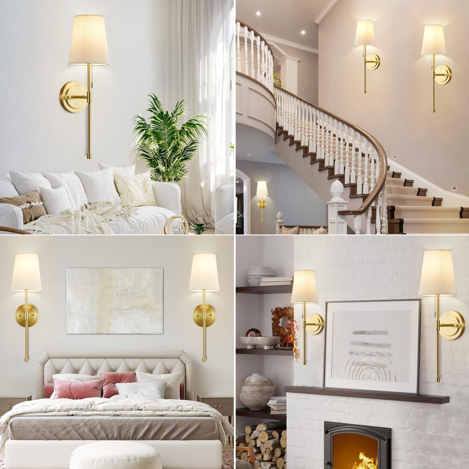 NATYSWAN Wall Sconces Sets of 2, Retro Industrial Wall Lamps with Pull Chain, Bathroom Vanity Sconces Wall Lighting with White Fabric Shade