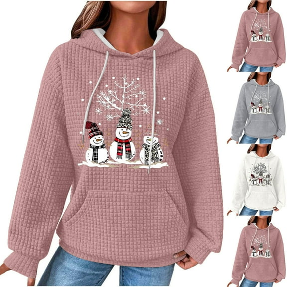 Jsaierl Women's Christmas Waffle Hoodies Cute Christmas Graphic Sweatshirt Soft Pullover Sweater Tops Round Neck Dressy Casual Long Sleeve Shirts Christmas Clothes