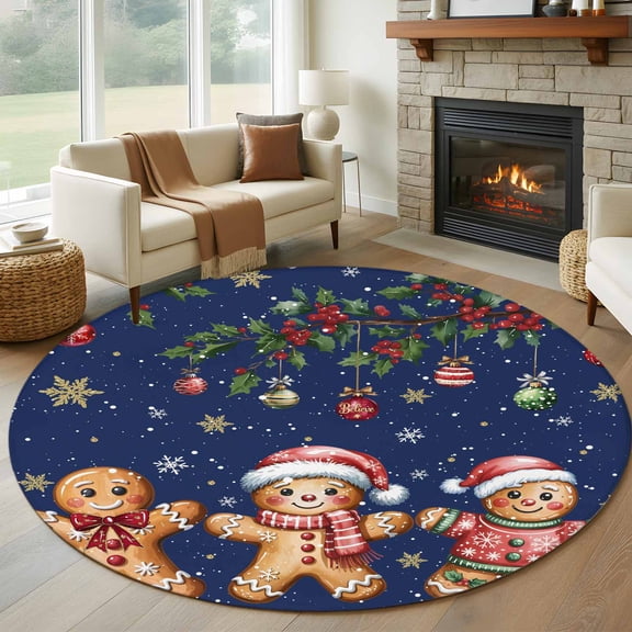 Round Area Rugs Collection 8 Ft, Gingerbread Christmas Non-Slip Residential Carpet, Xmas Balls Branches Navy Blue Indoor Crawling Mats Runner Rugs for Living Room/Dining Room/Bedroom