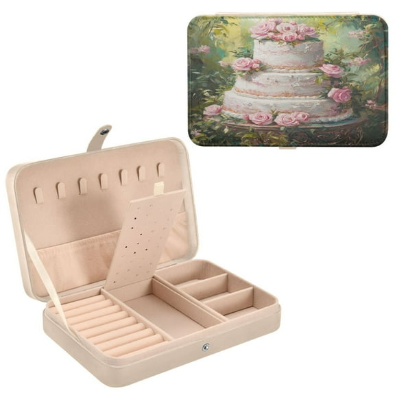 BZSMCE Leather Jewelry Box - Rectangular Three Tier Cake with Roses Pattern 8.27x5.5x1.78in Beige
