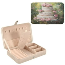 BZSMCE Leather Jewelry Box - Rectangular Three Tier Cake with Roses Pattern 8.27x5.5x1.78in Beige