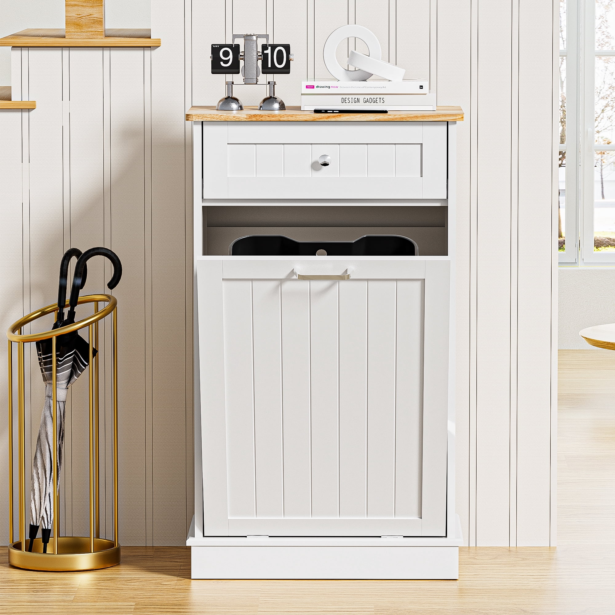 AHB 13 Gallon Single Tilt Out Trash Cabinet with Drawer, Freestanding Kitchen Trash Can Storage Organizer, 20.9"L x 13.55"W x 38.5"H, White