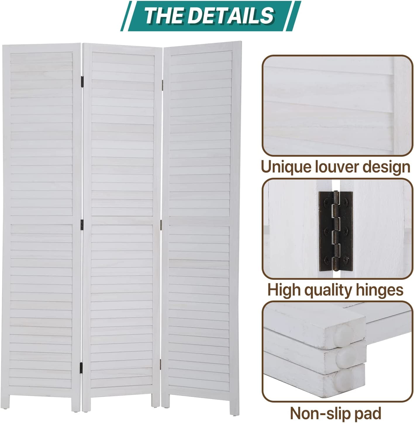 NiamVelo 3 Panel Wood Room Divider 67.7" Tall Folding Privacy Screen Wall Divider for Home Office, White