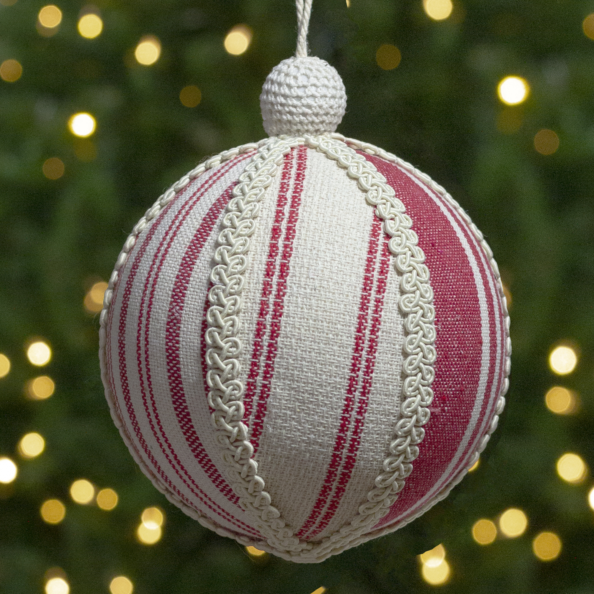Northlight 6" White and Red Striped Ball Christmas Ornament with Rope Accent