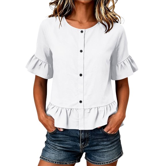 Hurxie Women's Work Blouse Ruffle Casual Short Sleeve Button Up Flowy Loose Shirts Peplum Tops White,S