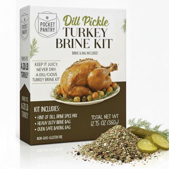 Turkey Brine Kit with Dill Seasoning – 12.75oz Brine Mix, Resealable Brining Bag & Oven Bag Included – Turkey Brining Spices for Juicy, Pickle Flavor Turkey up to 25lb