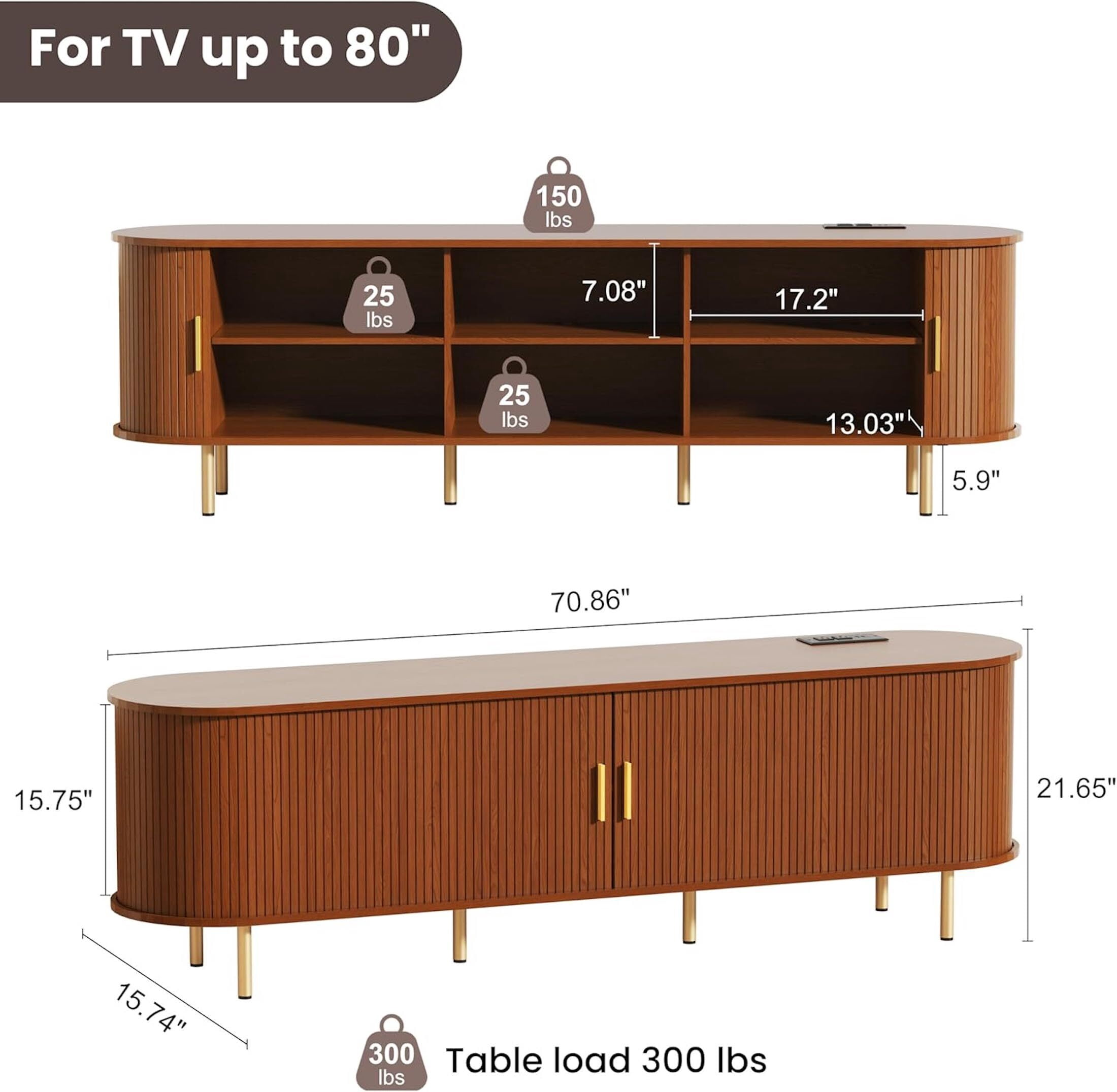 Aisword 71 Inch TV Stand with Power Outlet for TVs up to 80 Inch, Entertainment Center with Storage and Adjustable Shelves, Media Console with Sliding Doors for Living Room, Walnut