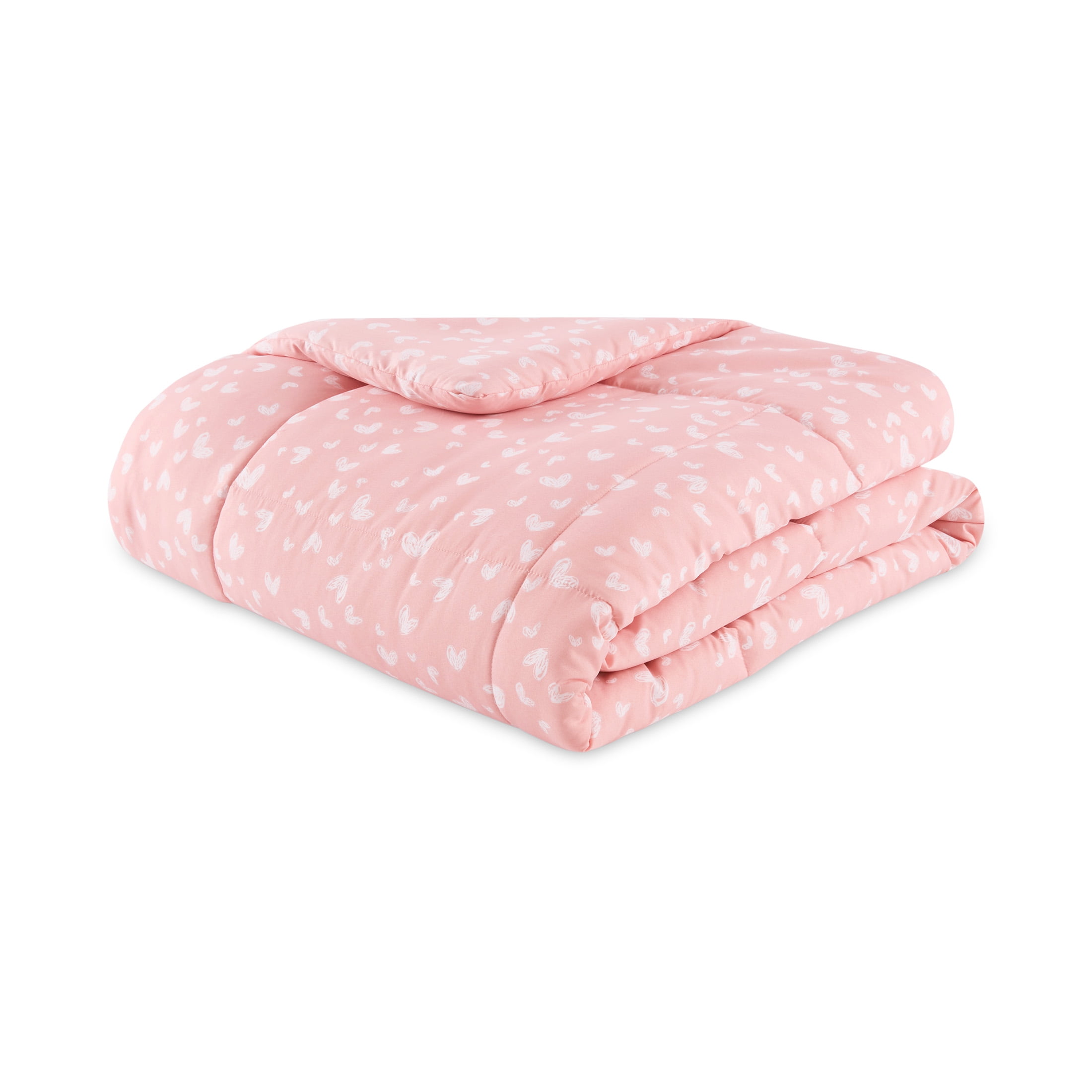 Mainstays All in One Reversible Comforter and Sheet set- 7 Piece, Queen, Pink and White Heart