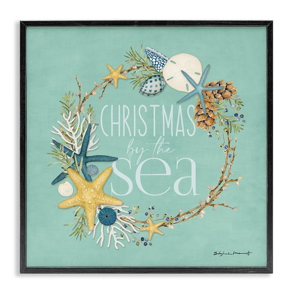 Stupell Industries Tropical Christmas By The Sea Wreath Black Framed Giclee Art, 17 x 17, by Stephanie Workman Marrott