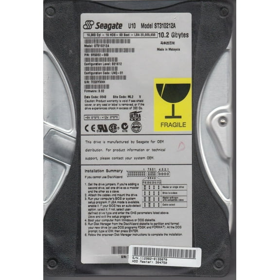 ST310212A, 7EG, ML2, PN 9R5002-003, FW 3.02, Seagate 10.2GB IDE 3.5 Hard Drive