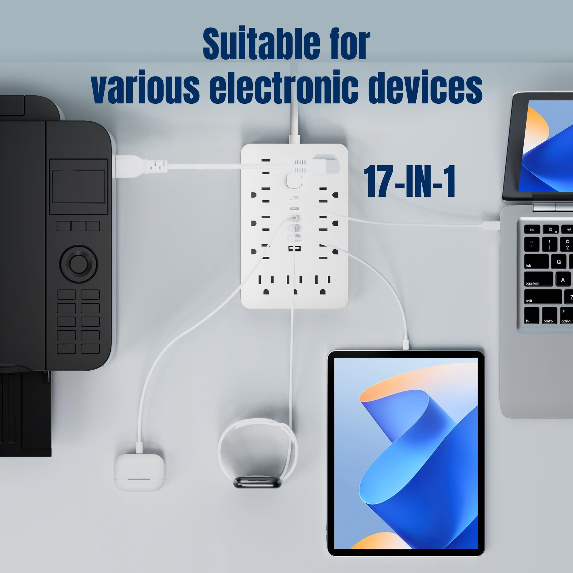 JOGGEIL 10 FT Flat Plug Surge Protector Power Strip,11 Multiple AC Outlets with 6 USB Ports , 10 Feet Extension Cord, 1250W/10A, One Touch Switch Button,17 in 1 Compact powerstrip