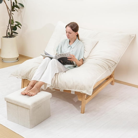 Oversized Chaise Lounge Chair Indoor, Linen-Cotton Sleeper Sofa Bed with Throw Pillows with Footrest Set,Modern Comfy Couches Chairs for Living Room,Bedroom (Beige)