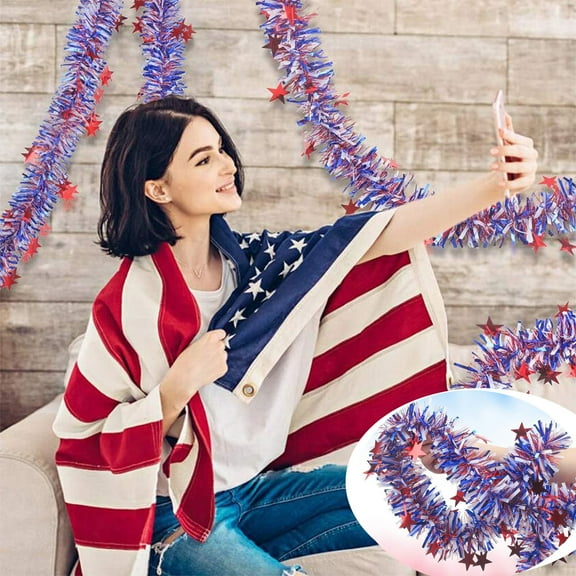 Clearance Under $5 Boovnll 4th of July Garland - 2Pcs 6.5FT Red White and Blue Glitter Plastic Patriotic Garland for Memorial Day Indoor, Outdoor, Front Door, Party Decor, 4th of July Decorations