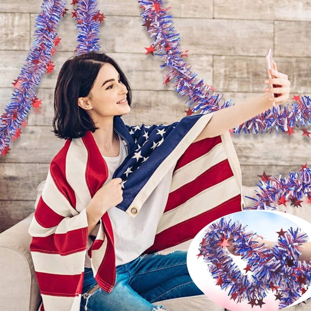 Decoraciones para el Día de los Caídos, decoraciones para el 4 de julio, cinta del Día de la Independencia con rayas rojas, blancas y azules, 5 estrellas, tiradores, decoración navideña, paquete de 2,