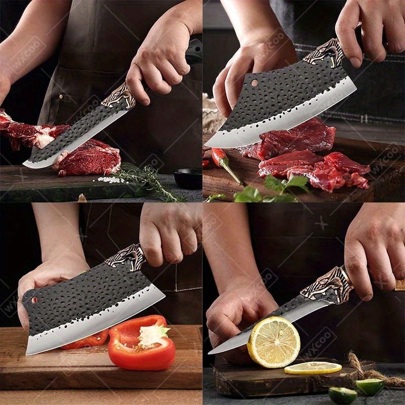 7PCS Professional Kitchen Chef Knife Set Includes Stainless Steel Handmade Forged Knives Vegetable Utility Boning Fish Meat Fruit Cutting Boning Duck Scissors for Cooking and Butcher Preparation