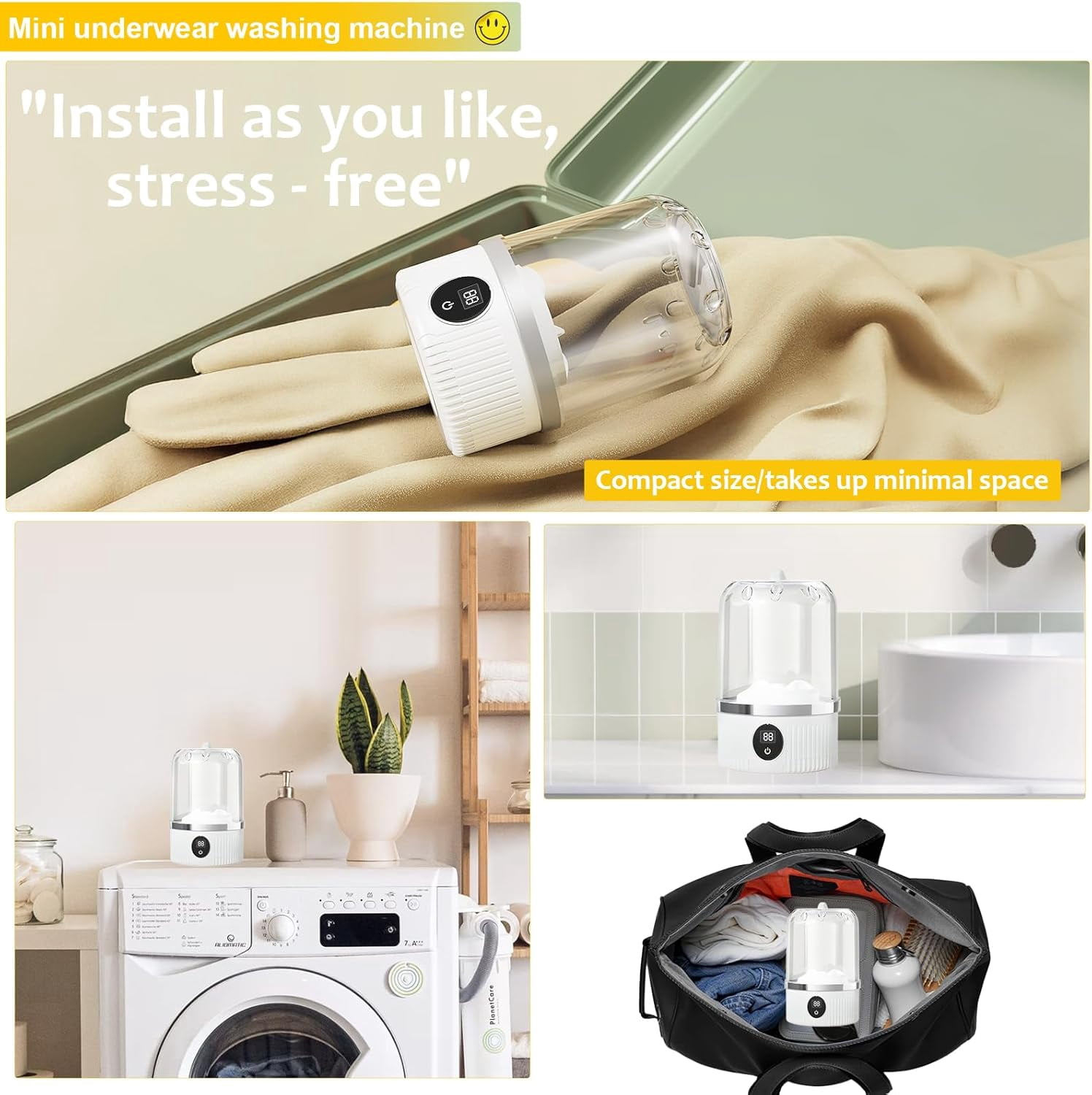 Portable Underwear Washer, Mini Washing Rechargeable Cordless Washing-Machine with Digital Timer Display, Wireless Washing Machine for Home Use, USB Charging Laundry for Apartments, Hotels, Travel