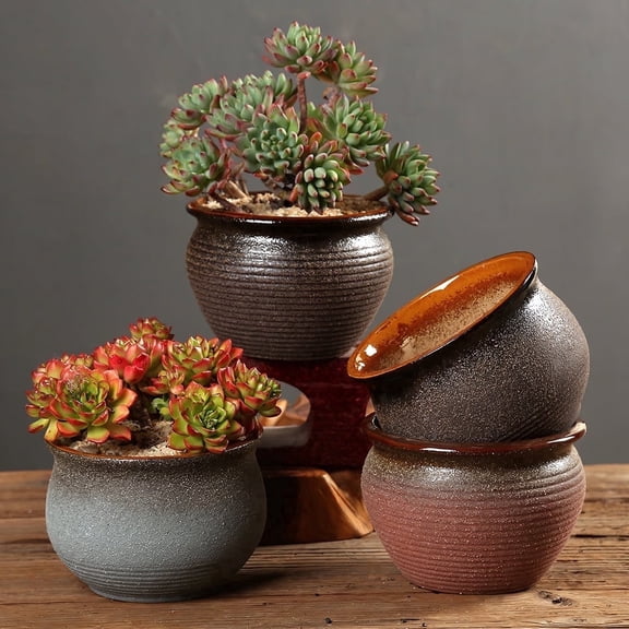 4-Piece Sandblasted Rustic Ceramic Craft Set of Mixed-Shaped Succulent Plant Pots