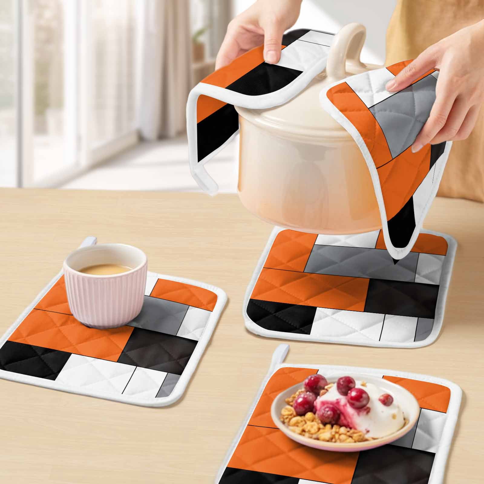 Burnt Orange Black Grey Pot Holders for Kitchen Heatproof Potholder, 5 Pack Modern Irregular Geometric Abstract Hot Pads Multipurpose Oven Pads Cloth Potholders Trivet for Cooking Baking