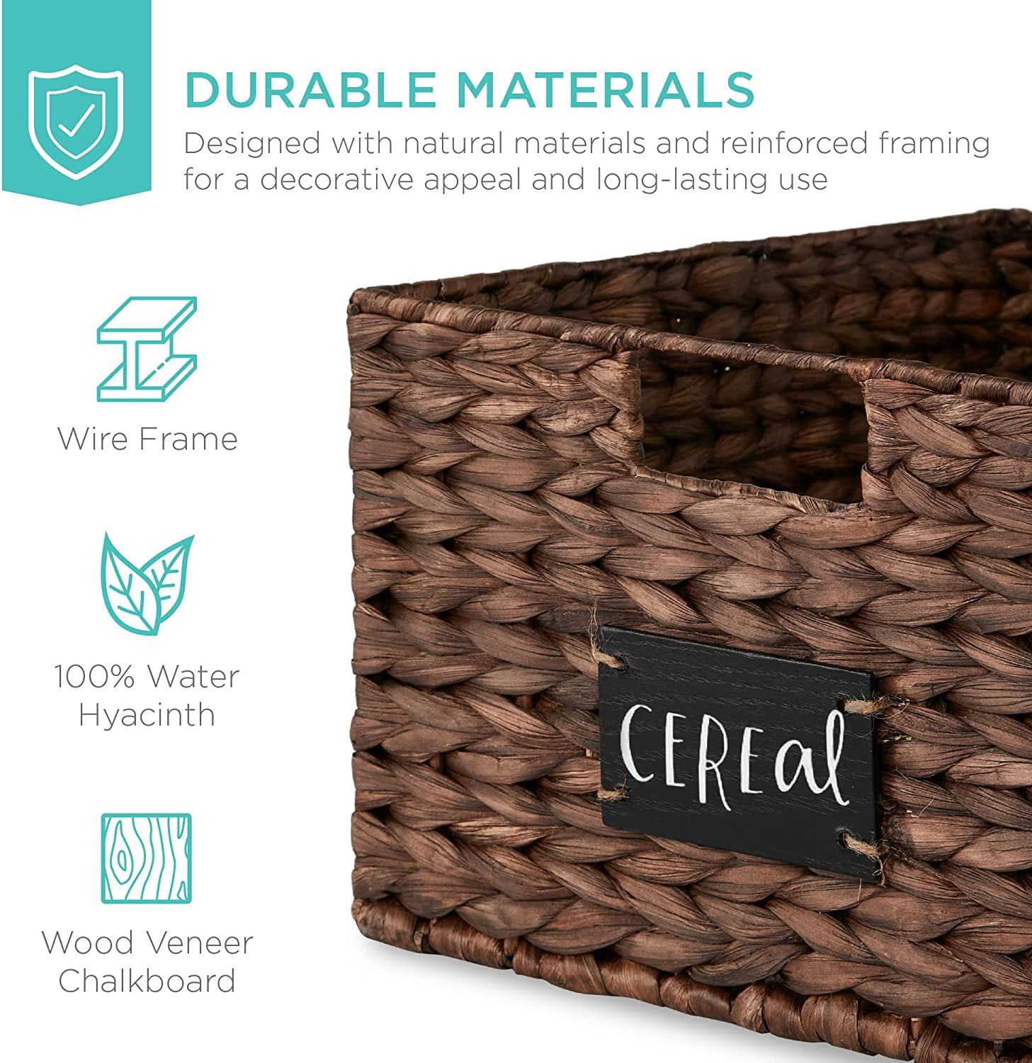 JFTER Pantry Baskets Set of 2 16x12in Water Hyacinth Storage Baskets, Woven Wicker Kitchen Organizers with handles w/Chalkboard Label Chalk Marker - Brown