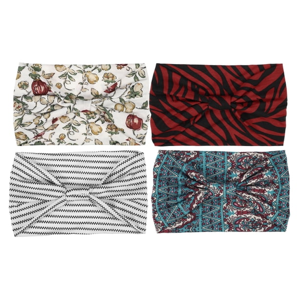 Diadema anudada de lado ancho impresa Bohemia de 4 piezas para mujeres en colores blanco, azul y rojo