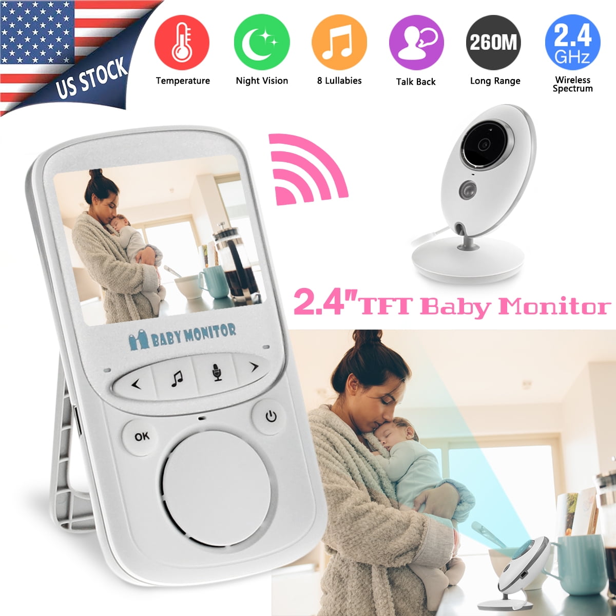 Video Baby Monitor Camera 2-Way Talk 2.4/" Digital Wireless Night Vision LCD Play