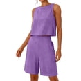 thumbnail image 6 of PRINxy Women's Casual 2 Piece Set Sleeveless Round Neck Linen Crop Top High Waist Bermuda Shorts with Side Pockets Summer Daily Outfit Purple S, 6 of 6