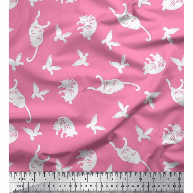 Soimoi Poly Georgette Fabric Bird & Cat Animal Decor Fabric Printed Yard 42 Inch Wide