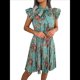 thumbnail image 2 of Vestido Plisado Floral Hasta la Rodilla para Mujer, para Vacaciones, Cuello Redondo, Sin Mangas, Cintura Alta, Ajustado, Verde M, 2 of 9