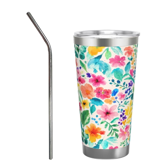 20oz Watercolor Floral Tumbler Insulated Car Cup Travel Coffee Cup Spring Gift for Women with Stainless Steel Straw