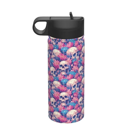 

Gaeub white Skull blue flower Printed 18oz Sports Insulated Kettle With Straw Sports Insulated Bottle Water Bottle For Running Hiking Cycling Climbing Mens Womans Insulated Water Bottle