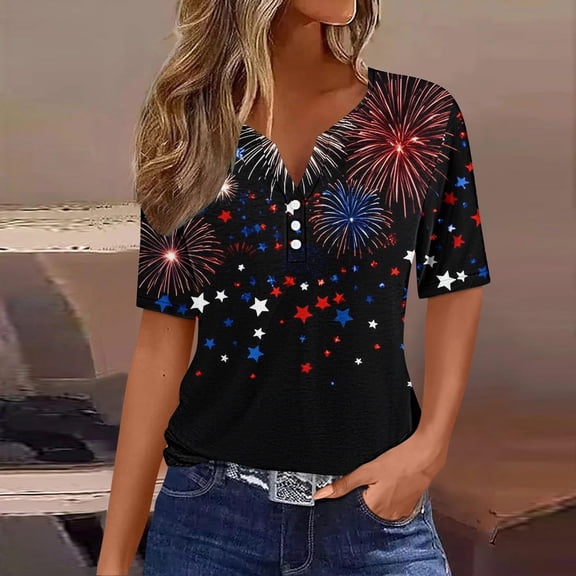 Cavosen 4th of July Clothes Women Petite Red White and Blue Short Sleeve V-Neck T Shirts USA Flag Graphic Tops Lady XL Patriotic Casual T Shirts Independence Day Tunic Tees 2025 Patriotic Blouses