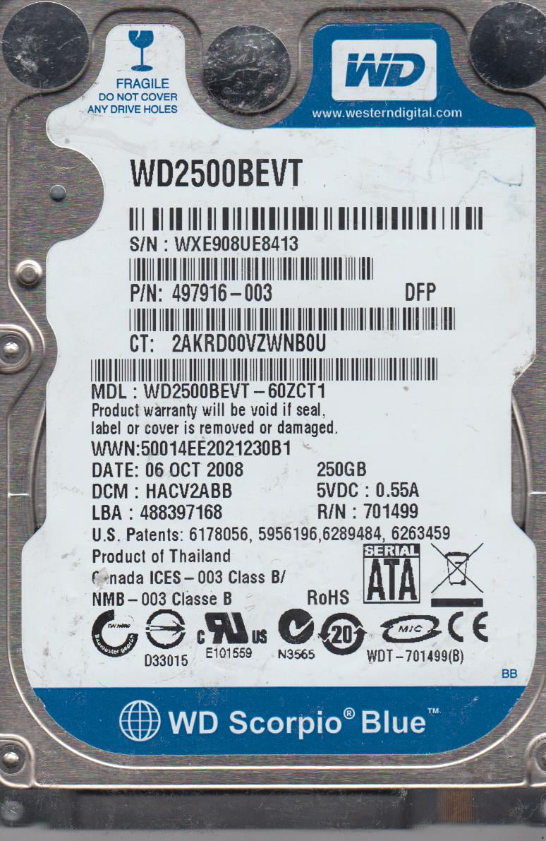 Western Digital 250GB SATA 2.5 Hard Drive DCM HEMTJHB WD2500BEVT-22A23T0 