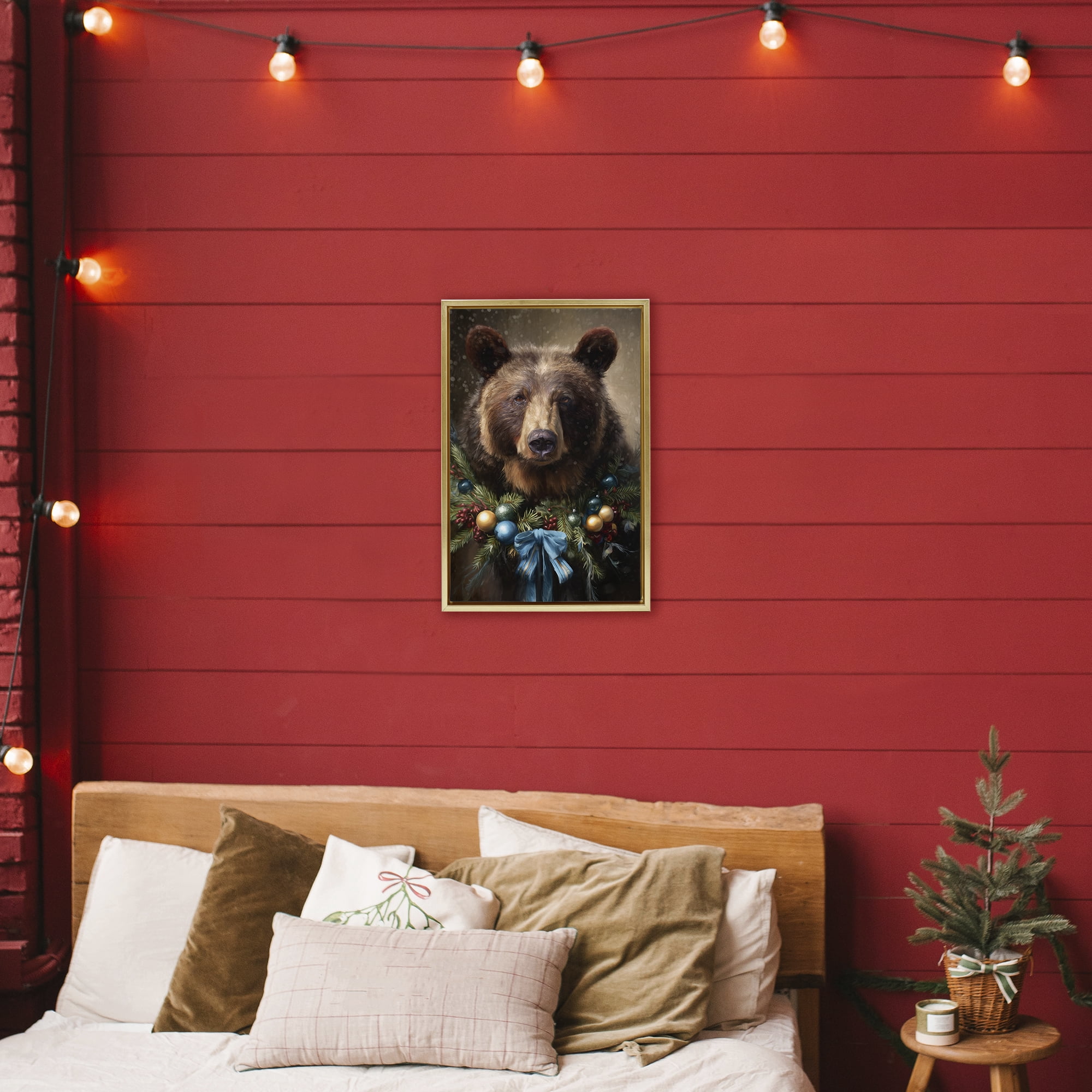 Stupell Industries Christmas Grizzly with Wreath Gold Framed Floater Canvas Wall Art, design by Tina LeCour