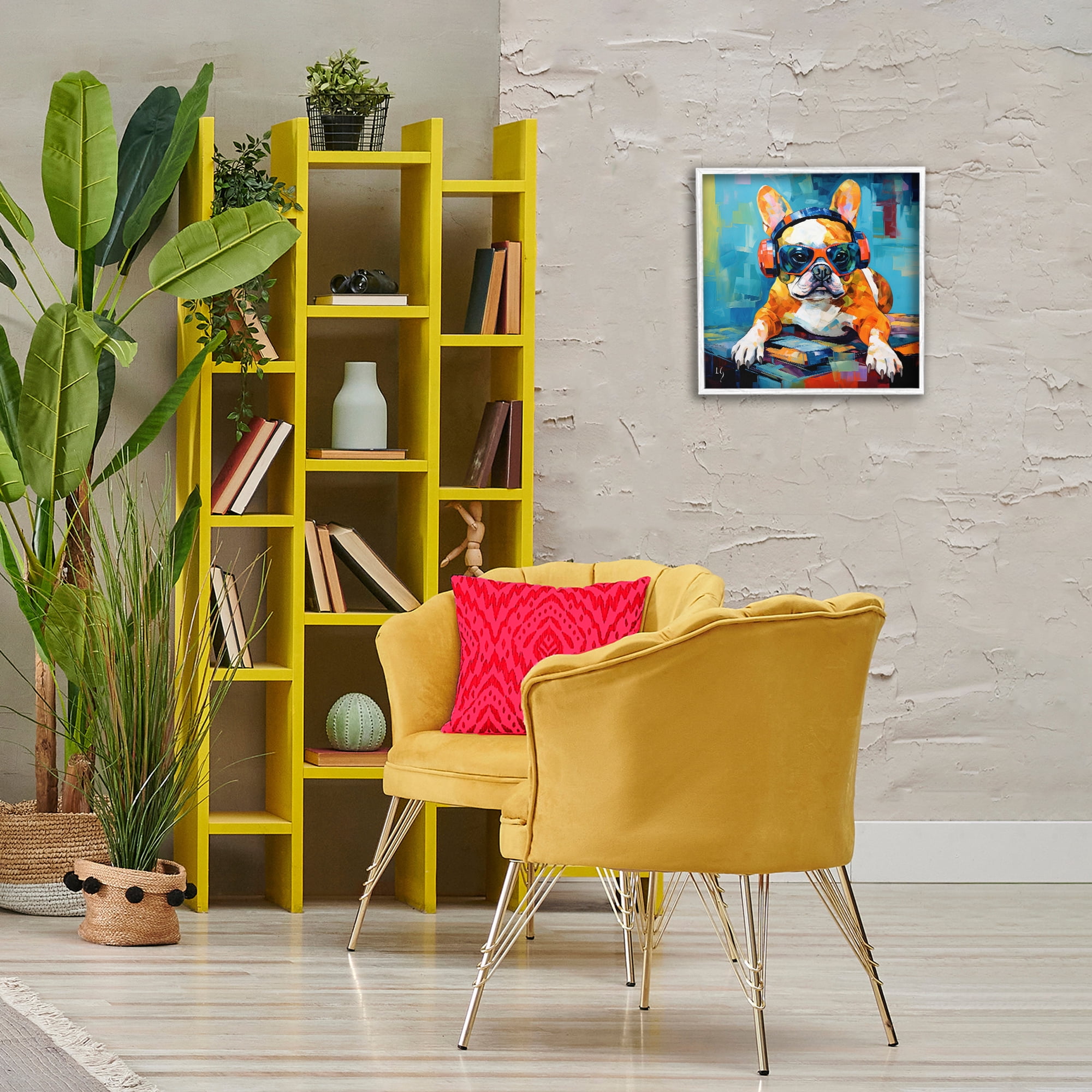 Stupell Industries French Bulldog with Headphones Animals & Insects Painting White Framed Art Print Wall Art, 17 x 17