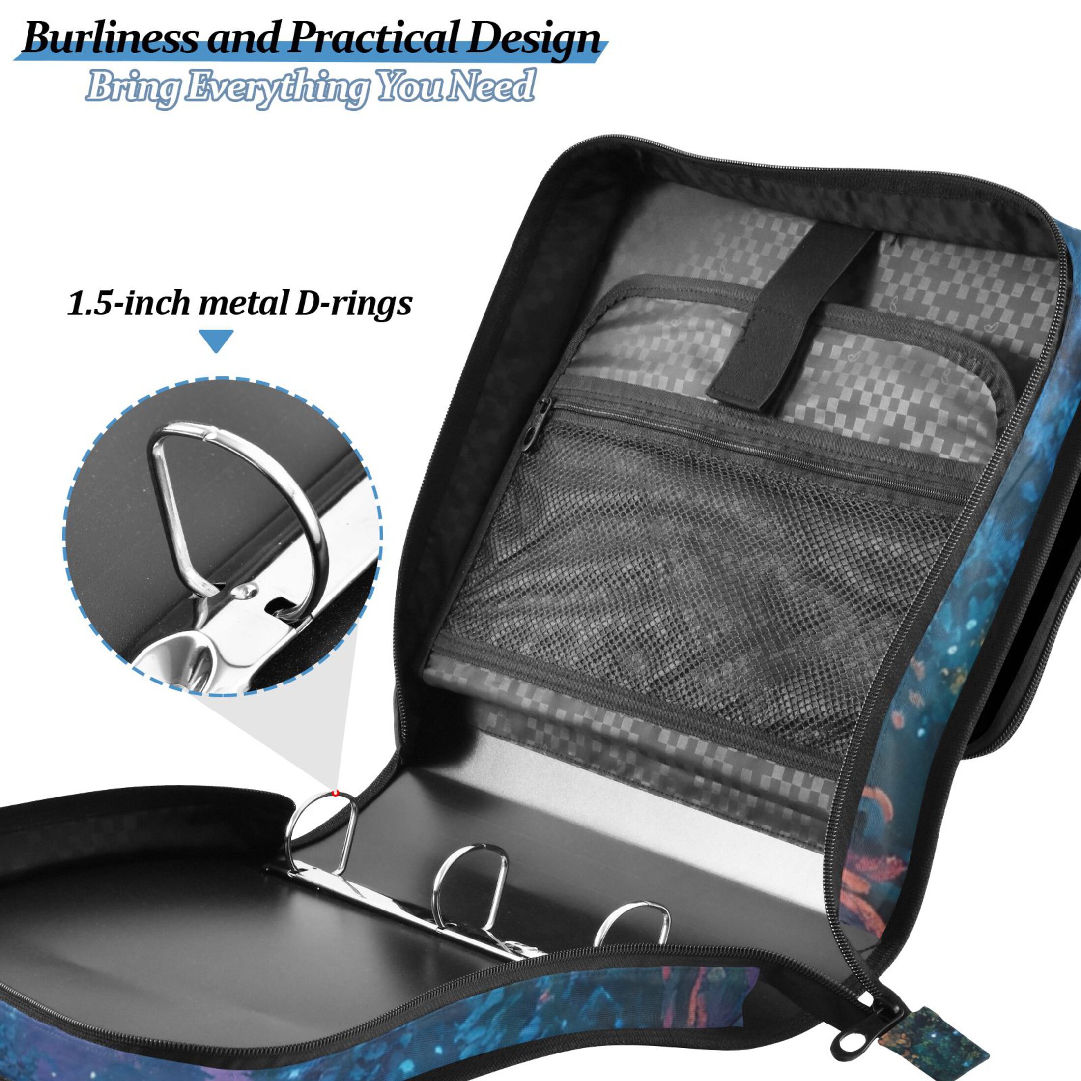 3 Ring Zipper Binder with Shoulder Strap Waterproof Trapper Keeper 2 Inch D-Ring 500 Sheets Capacity White Wolf and Waterfall Moon