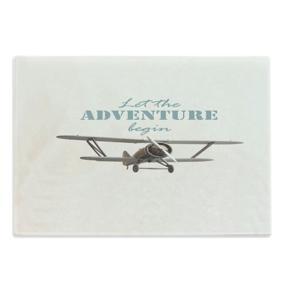 Adventure Cutting Board, Let the Adventure Begin Inscription and Biplane Tropical Summer Vacation, Decorative Tempered Glass Cutting and Serving Board, Large Size, Cream Turquoise Tan, by Ambesonne